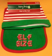 Christmas Elf Size Baby Hat and Bib Set - NEW! - Green, Red & White