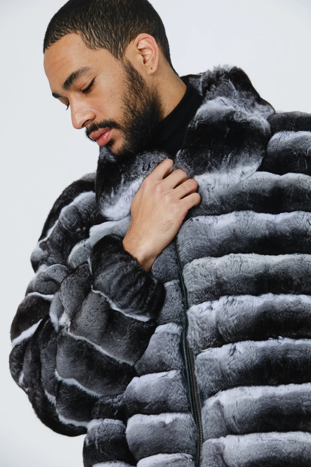Men Real Rex Rabbit Fur Coat Lapel Jacket Winter Natural Chinchilla Thick Outwer - Image 4 of 4