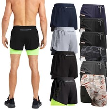 Mans 2 in 1 Compression Gym Workout Training Liner Phone Pocket Shorts Pants NEW
