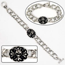 Unisex Bracelet Silver Color w/ Black Skull Emblem 7.5" Length