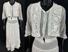 Vintage Edwardian Embroidered Net Overlay Layered White Cotton Lace Tea Dress