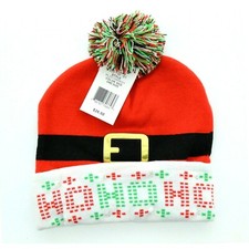 Christmas Ho Ho Ho LED Light Up Novelty Pom Pom Toboggan Hat Cap Beanie