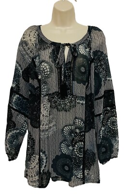 daniel rainn tunic blouse 1X gray black geometric pleated long sleeve peasant
