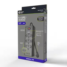 Commercial Electric 6 ft. 12-Outlet Black Surge Protector with USB