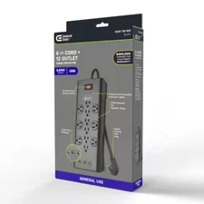 Commercial Electric 6 ft. 12-Outlet Black Surge Protector with USB