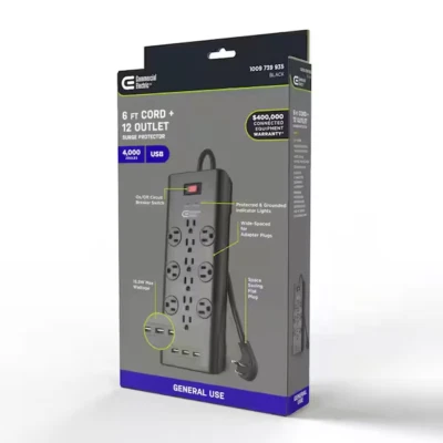 Commercial Electric 6 ft. 12-Outlet Black Surge Protector with USB