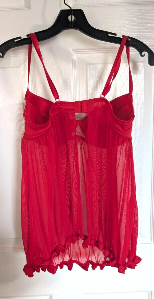 Babydoll Jezebel Felina Red Mesh & Gold Lace Flyaway Negligee con Sujetador con Aros L Foto 4 de 4