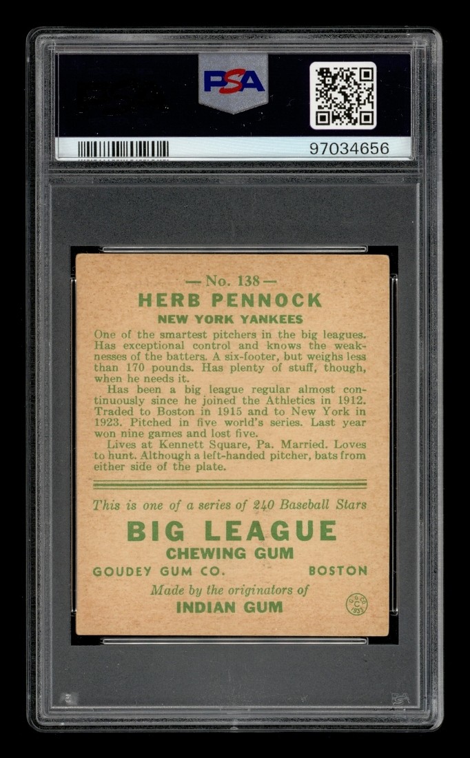 1933 Goudey Set-Break #138 Herb Pennock PSA 4 VG-EX view 2