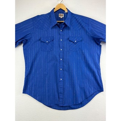 Ely Cattleman Western Shirt Mens XXL Blue Metallic Pinstripe Pearl Snap Cowboy