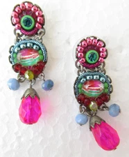 Ayala Bar Designer Pink Art Glass Beaded Dangle Earrings 1 1/2"