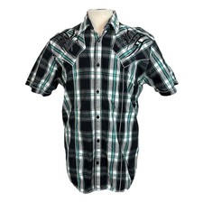 Roar Shirt Men's XXL Teal Black Plaid Short Sleeve Embroidered Y2K Rodeo Western