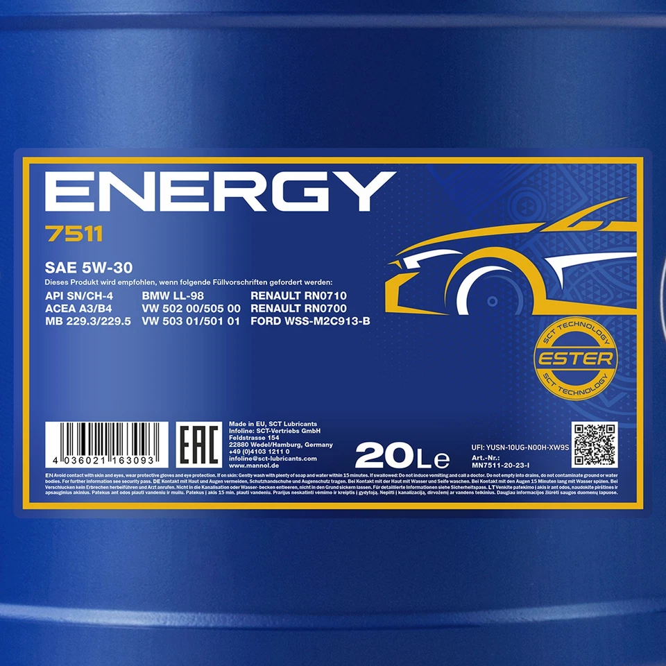 MANNOL Energy Huile Moteur 5W-30 ACEA A3/B4 API SN/CH-4 BMW LL-98 20 L - Photo 2/3