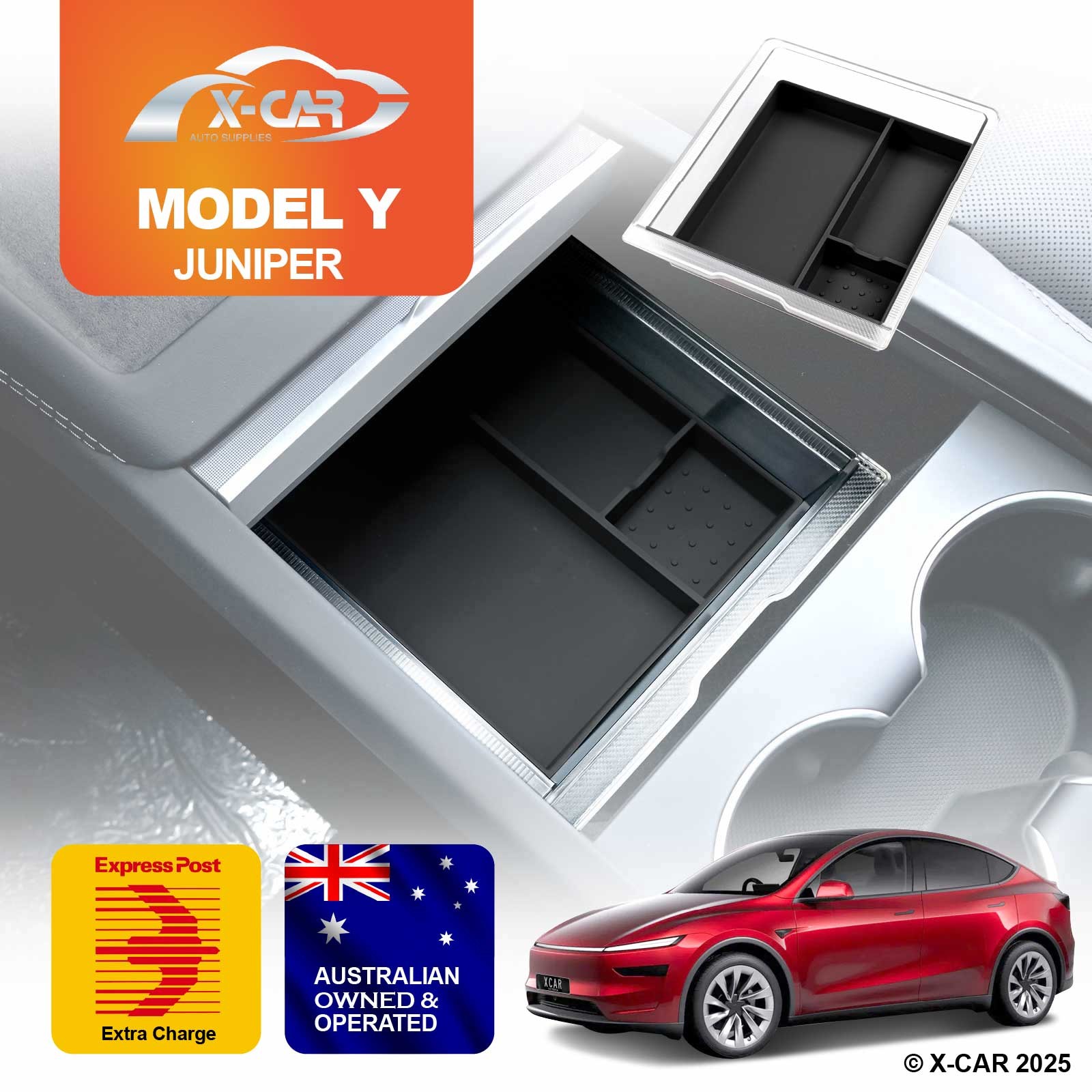 Centre Console Front Organizer Tray for Tesla Model Y Juniper with Silicone Mat