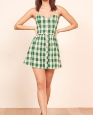 $178 Reformation Velma Mini Dress Linen Gingham Green White Check Size 2 S XS