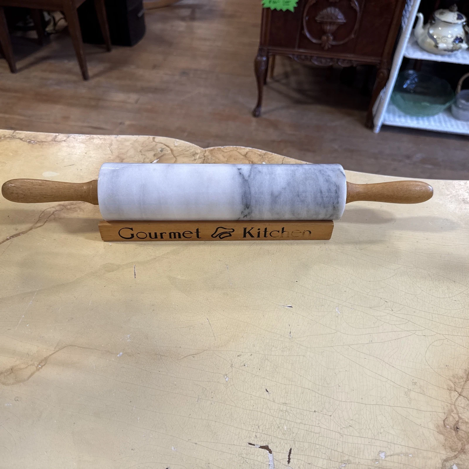 Marble Gourmet Rolling PIN with Wood Cradle Stand Gray Kitchen Vintage Stone
