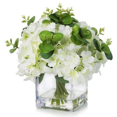 Silk Hydrangea Artificial Flowers with Vase, Mixed Fake White Hydrangea Flowe...