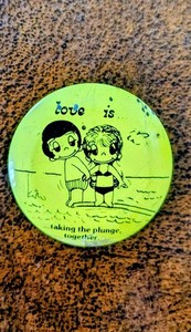 Vint. Love is Taking The Plunge Together Comic Kim Casali Pin Button 1.5" Swim