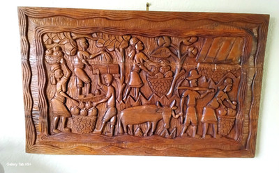 Vintage African Hand Carved Panel Wood  Story Board Tribal Village Art 30 x 18''