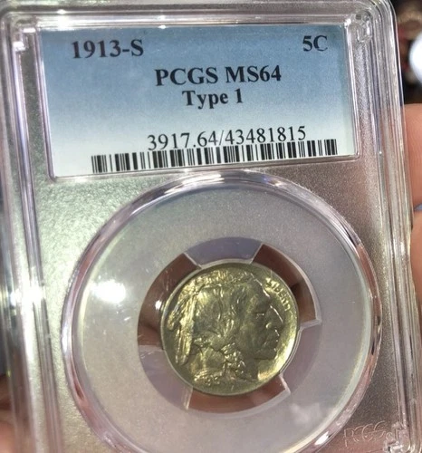 1913-S (TYPE 1) BUFFALO NICKEL PCGS MS64 Nice Color