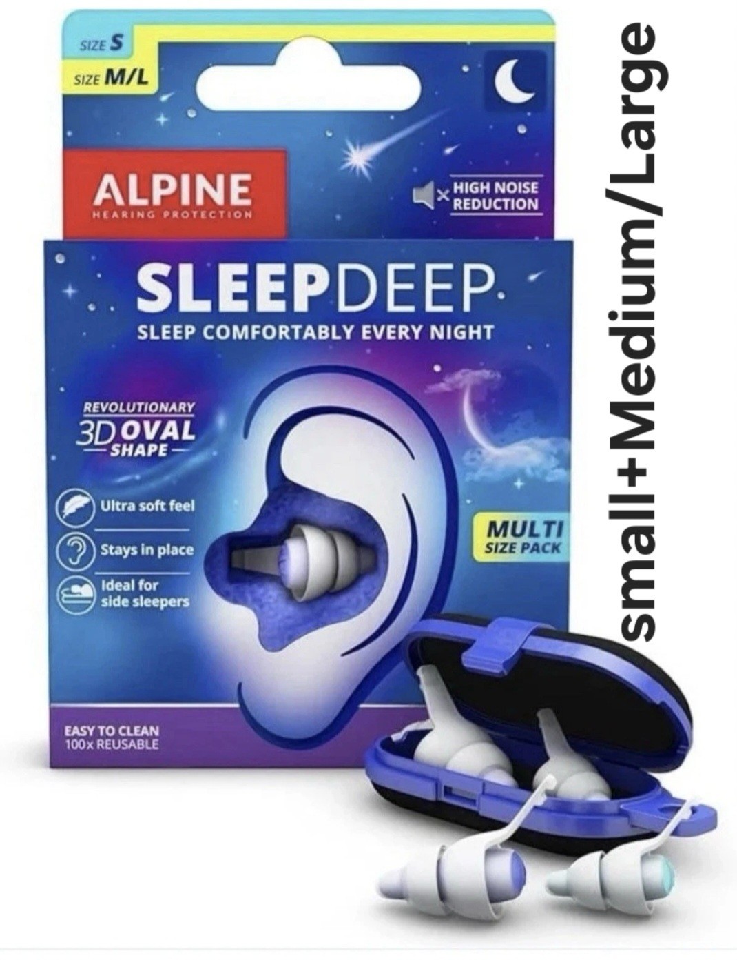 Alpine Sleepdeep Soft Gel Ear Plugs For Sleeping MULTI SIZE (2 PAIRS) Travelbox