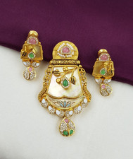 Traditional Gold Pendant Earrings Set 22K Gold Wedding Look Necklace CZ Dainty