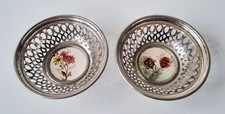 Tolle, alte Steingut Sch&auml;lchen - florales Dekor & vernickeltes K&ouml;rbchen, um 1910