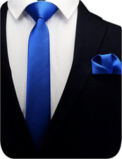 2.4" Slim Necktie and Handkerchief Set for Men Solid Skinny Tie Set Royal Blue