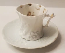 ANTIQUE MINIATURE TEA CUP And SAUCER  ORNATE Gold Embossed  HANDLE 2” Tall