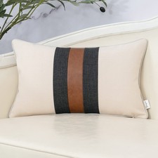 Yangest Patchwork Pillow Cover 12x20 Luxury Cotton Linen Faux Leather Cushion