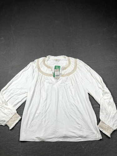 Boden Blouse Womens 12 White Round Neck Balloon Sleeve Embroidered Tunic NWT