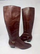 Salvatore Ferragamo Brown Leather Knee High Boots Size 7 AA Zip Up Italy Gold