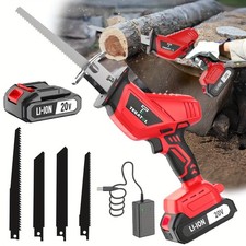 Red cordless reciprocating saw, including saw blade and battery