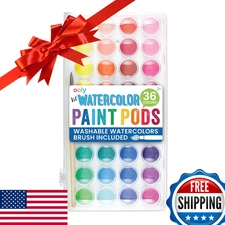 Ooly Lil' Watercolor Washable Paint Pods Set, 36 Colors & Brush, Portable
