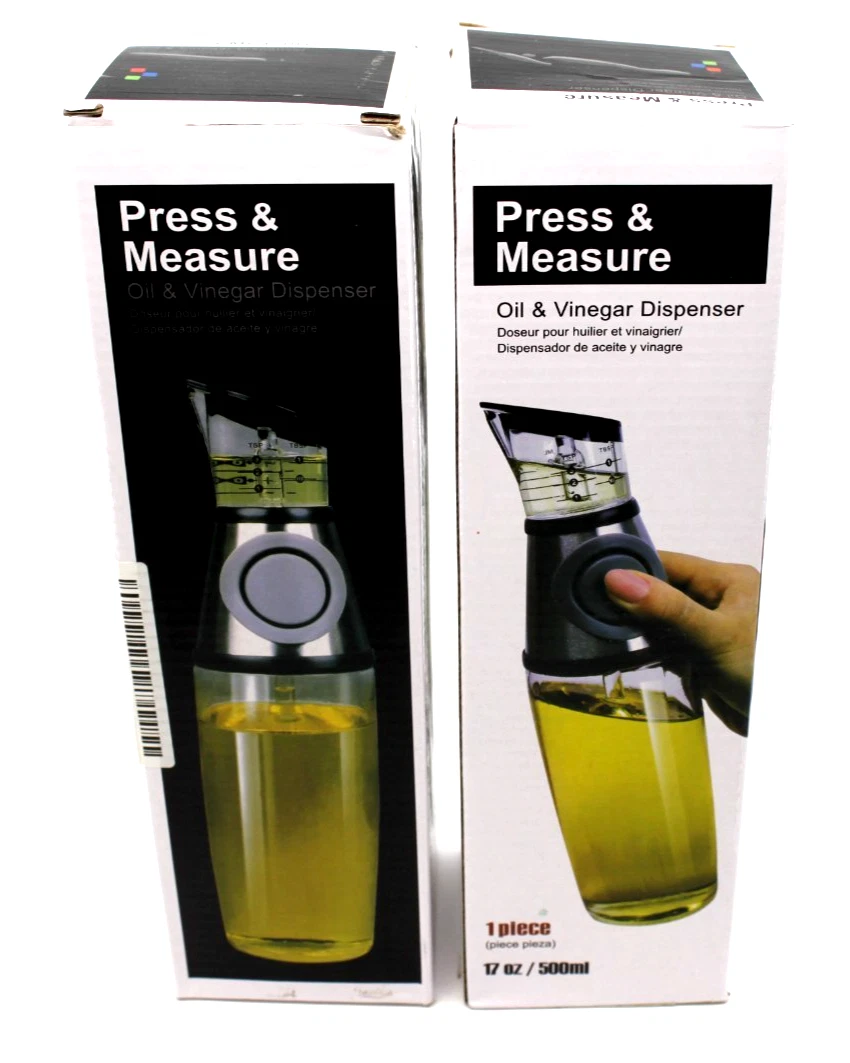 Press & Measure Oil & Vinegar Dispenser 500ml Kitchen Pour Bottle Set Lot of 2