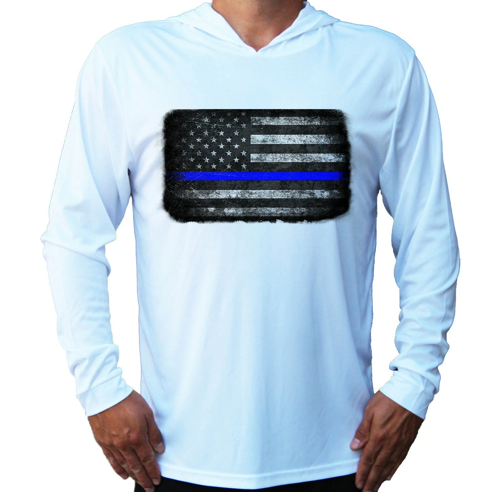 Blue Lives American Flag UV Protected UPF 50 Long Sleeve T-Shirt Fishing Hood