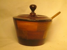 vintage mixed wood bowl w/ lid & spoon round smooth container *