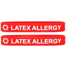 2 (two) LATEX ALLERGY Wristbands - Red Medical Alert Silicone Bracelets