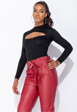 Womens Parisian Black Rib Knit Cut Out Detail Turtle Neck Bodysuit