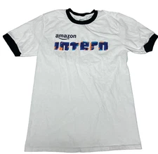Amazon Intern ringer style t-shirt white and black with logo size small uni-sex