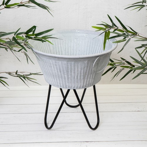Ribbed Garden Planter Grey Metal Round Zinc Plant Flower Pot Pin Leg Stand Decor - Picture 5 of 5