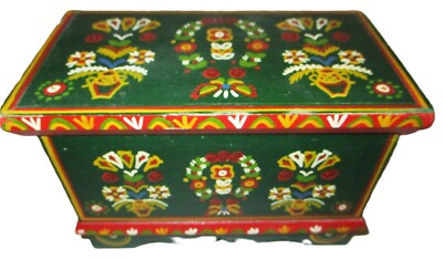 VINTAGE MINIATURE HAND PAINTED DECORATED WOODEN BLANKET TRINKET BOX, POLAND