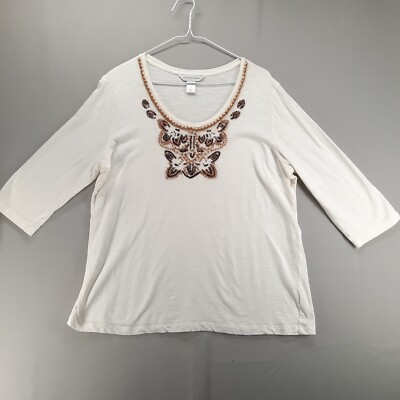 Christopher & Banks Top Womens XL Brown Ivory Embellished Lightweight Pullover