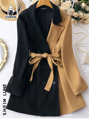 SHEIN LUNE Plus Two Tone Lapel Neck Belted Overcoat NWOT Size 14 (1XL)