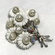 Vintage White Molded Plastic Faux Pearl Nugget Flower Bouquet Pin AB Rhinestones