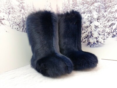 Blue Fox Fur Boots for Women, Winter Snow Boots, Mukluks,Handmade