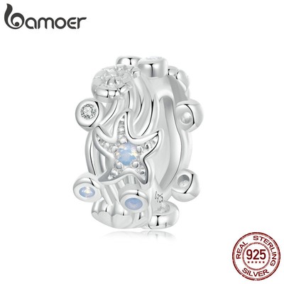 BAMOER 925 Sterling Silver Pave CZ Blue Square Bead Charm For Bracelets – European Style