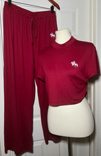 Women’s Burgundy 2-Piece Set Mock Neck Short Sleeve Crop Top & Pants M