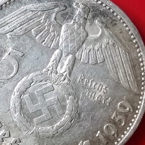 1939-J, 5 Mark,  Germany WW2  Silver Coin, Third Reich  Reichsmark 