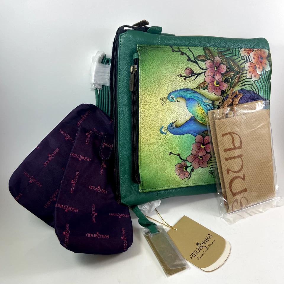 Bolso Bandolera Anuschka Pavo Real Pintado a Mano Multi-Bolsillo Cuero Sillín Etiquetas Nuevas Foto 4 de 4
