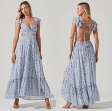 ASTR the Label Blue Floral Ruffle Maxi Cut-Out Dress Size L
